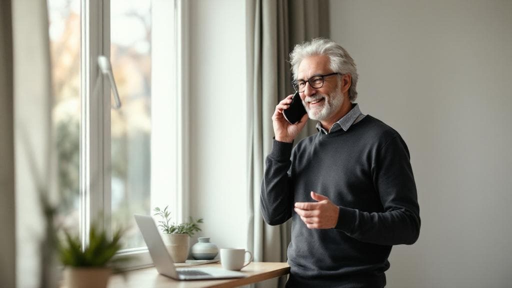 A business owner in a sunlit home office, holding a phone to his ear, smiling as he listens — mid-conversation with the AI.