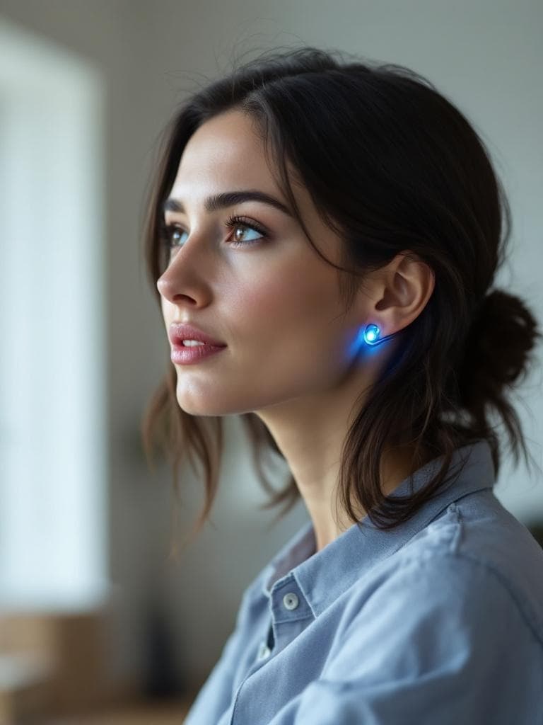 A composed young woman in profile, listening attentively — with a subtle electric-blue glow from behind her ear, the single tell that she's something more.