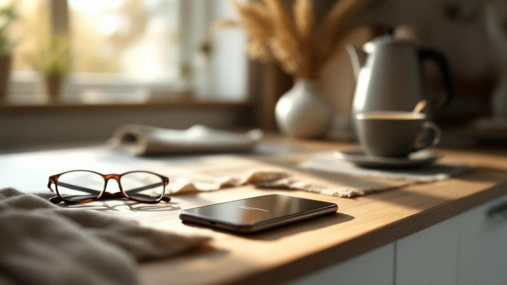 An unattended kitchen counter in morning light — phone face-up with a soft notification glow, coffee cup and reading glasses nearby. The moment that happened while you were in the shower.
