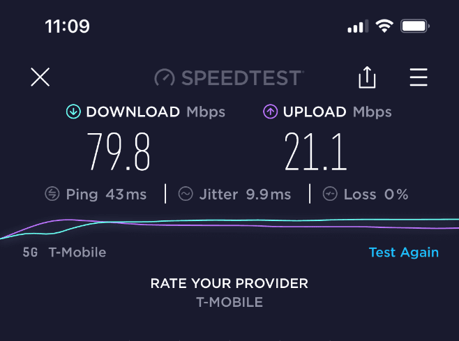 Speedtest app screenshot on 5G T-Mobile showing 79.8 Mbps download, 21.1 Mbps upload, 43 ms ping — illustrating 5G fixed-wireless performance.