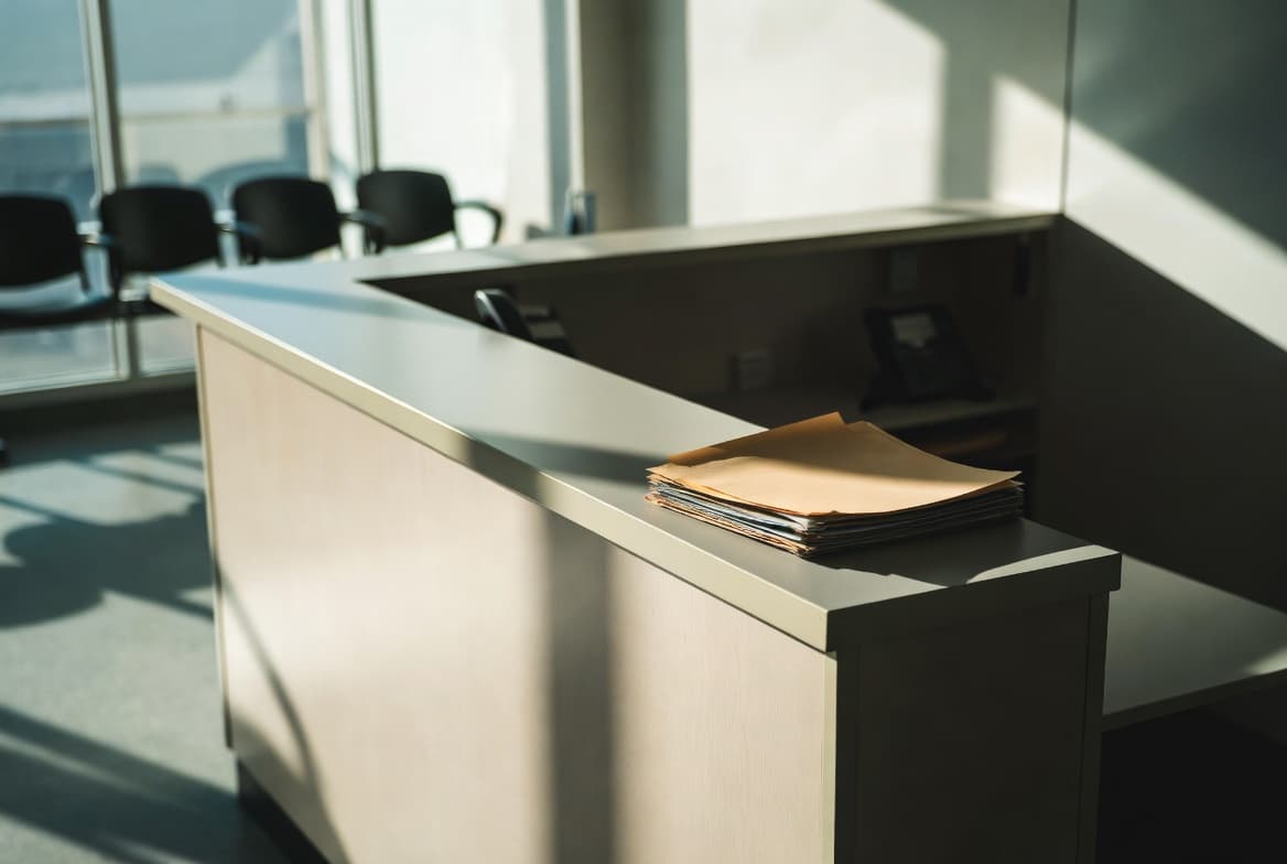A reception desk inside a school front office at morning, a stack of manila folders on the desk beside a silent office phone, long shadows cast by sunlight.