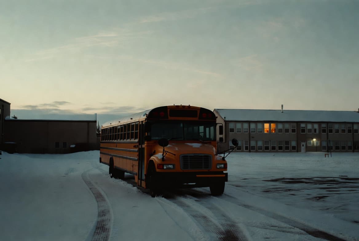 An empty school parking lot before dawn, fresh snow on the ground, a single yellow school bus parked alone with one warm window glowing in the building behind it.