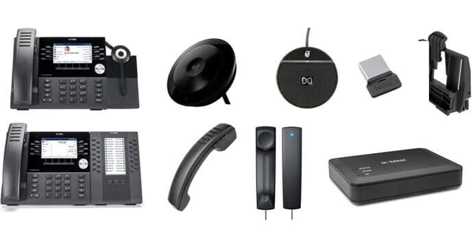A collection of 6900-series accessories — corded and cordless headsets, expansion modules, and peripherals.