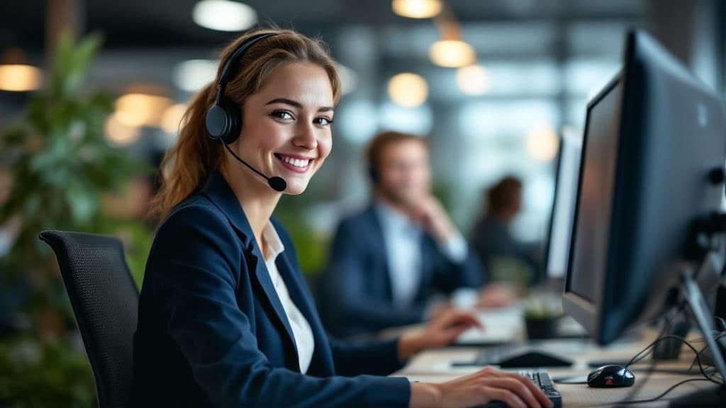 A contact center agent in a modern open office, wearing a slim headset, smiling mid-conversation. Teammates work in soft focus behind her.