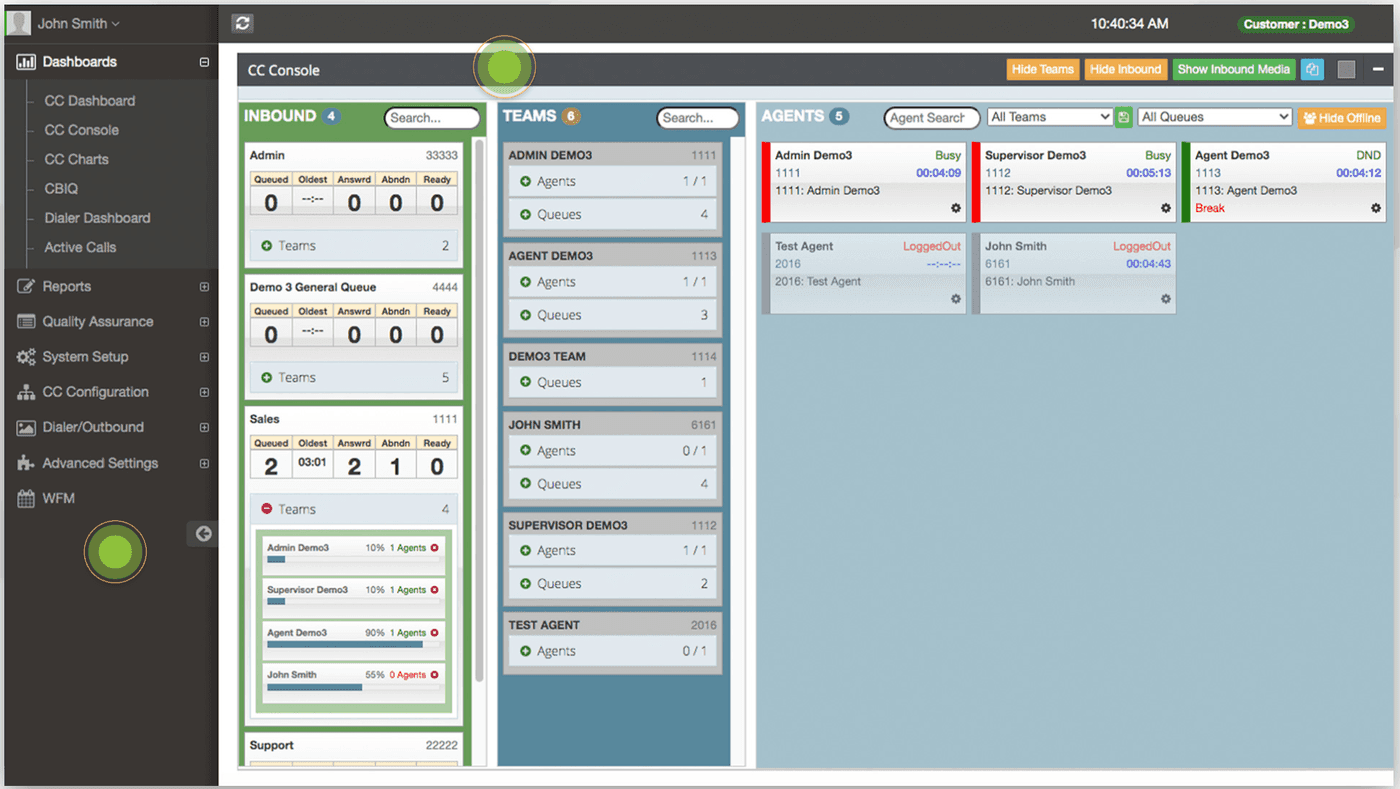 A contact center supervisor dashboard showing inbound queues, team rosters, and agent status across multiple concurrent campaigns.
