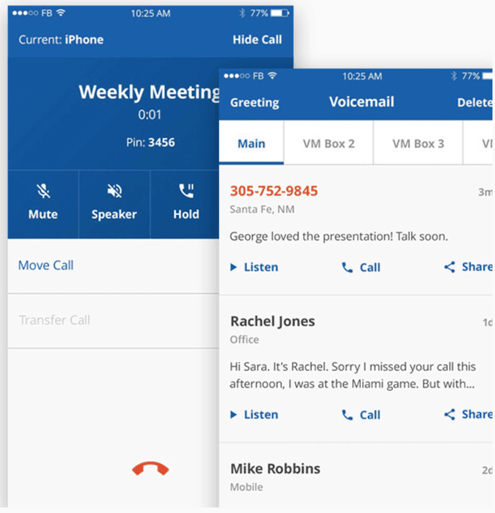 Two mobile app screens: left shows an active weekly meeting with mute, speaker, hold, and move-call controls; right shows visual voicemail with listen, call-back, and share actions.
