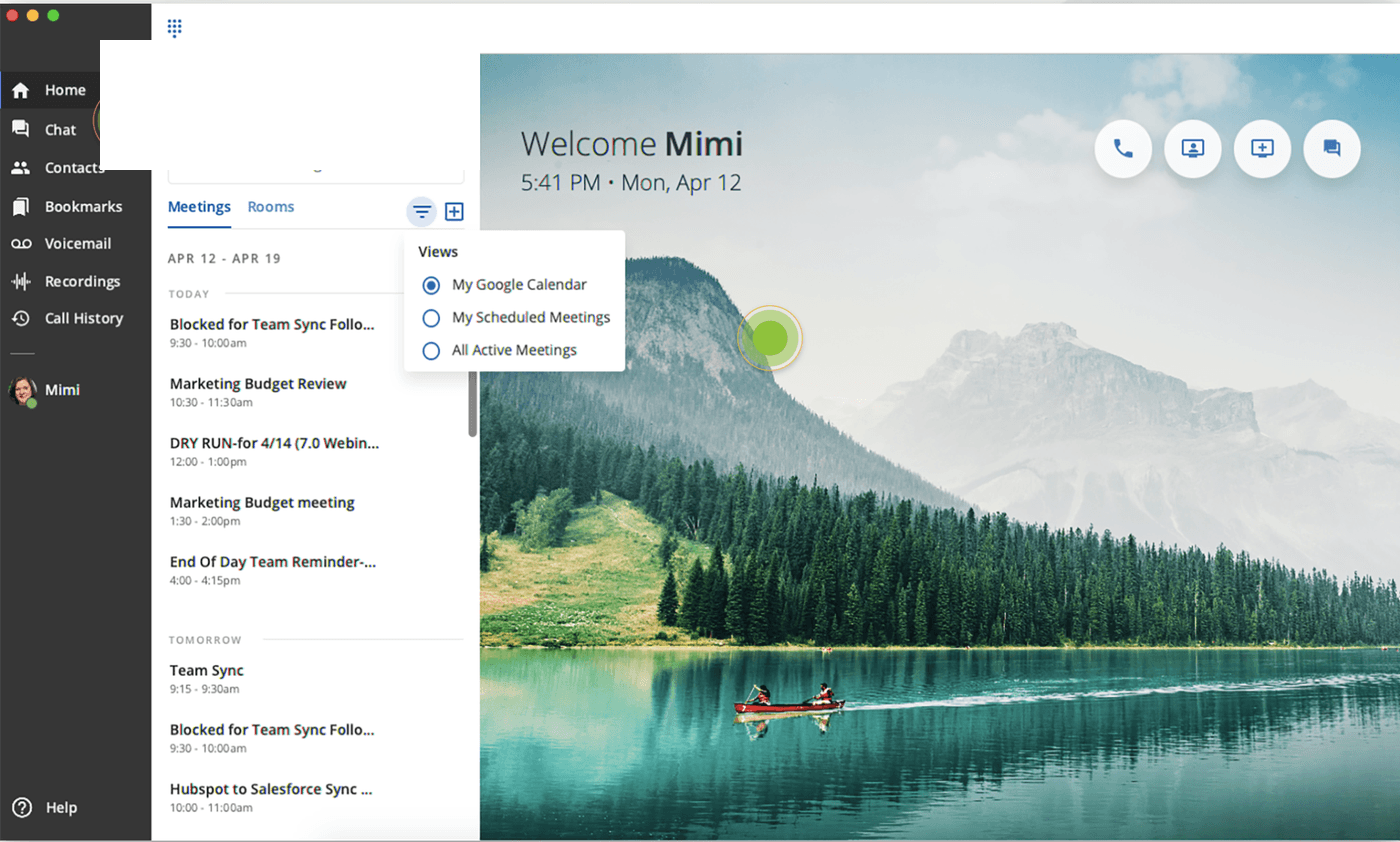 The UCaaS desktop client showing meetings, chat, and presence side by side — a unified view across voice, video, and messaging.